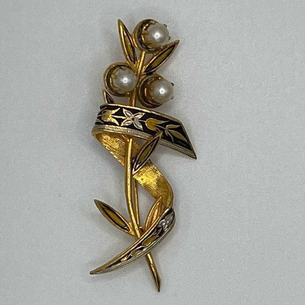 DAMASCENE Vintage Style Flower Faux Pearls Brooch / Pin